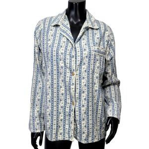 Vintage 80s Lyn Anne Womens 38 USM Blue Ivory‎ Flannel Button Up Pj Top Shirt